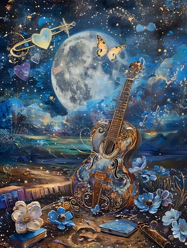1000 Piece Jigsaw Puzzle for Adults, Guitar Moon Night Puzzle | Murder Mystery, Artistic Musical Fantasy Puzzle with Moon, Butterfly and Blue Flowers, Challenging Art, 26.6x19.2 in - color: Midnight Melody