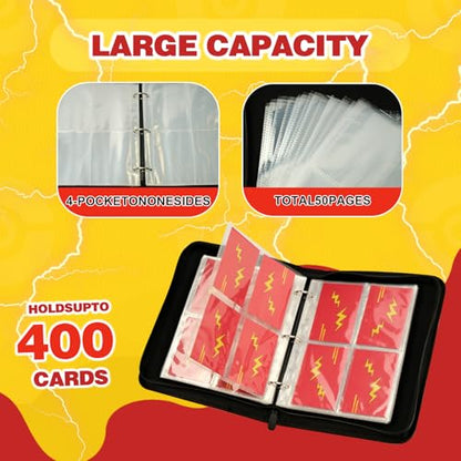4 Pocket Trading Card Binder, 400 Card Holders with 50 Removable Sleeves, Display Storage Favourites Album, Waterproof PU Album with Zipper for TCG, MTG, Gaming Football Sports Cards, Red - color: Red-M