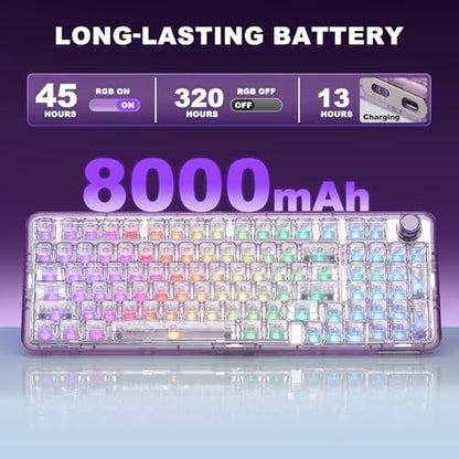 YUNZII X98 Wireless Mechanical Keyboard with Knob (Purple, Crystal Switch) | BT5.0/USB-C/2.4GHz,1800 Layout with Number Pad,Pre-lubed Switches Gasket Mount ,Clear Keyboard with RGB for Wins/Mac/Gaming - color: Purple, size: Crystal Switch