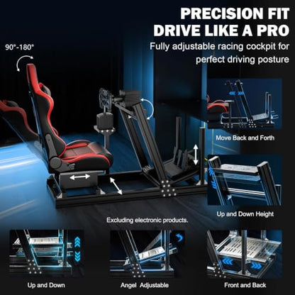 Anman Aluminum Racing Simulator Cockpit with Red Seat | 8040 Aluminum Profiles, Fit for Fanatec/Moza/Logitech/Thrustmaster, Direct Drive Steering Wheel Compatible