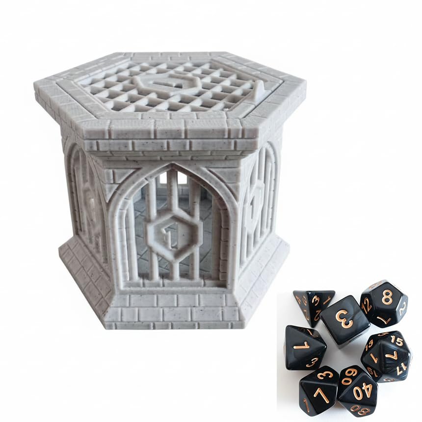 Dice Jail with Secure Clip-On Lid - Fun Dungeon Cage Prison for Tabletop RPG Polyhedral Dice Games (Includes Free 7-Piece Polyhedral Dice Set) (Marble) - color: Marble Color