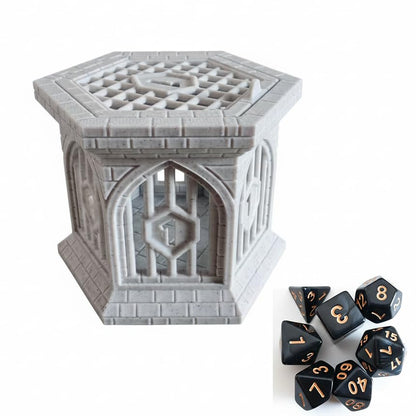 Dice Jail with Secure Clip-On Lid - Fun Dungeon Cage Prison for Tabletop RPG Polyhedral Dice Games (Includes Free 7-Piece Polyhedral Dice Set) (Marble) - color: Marble Color