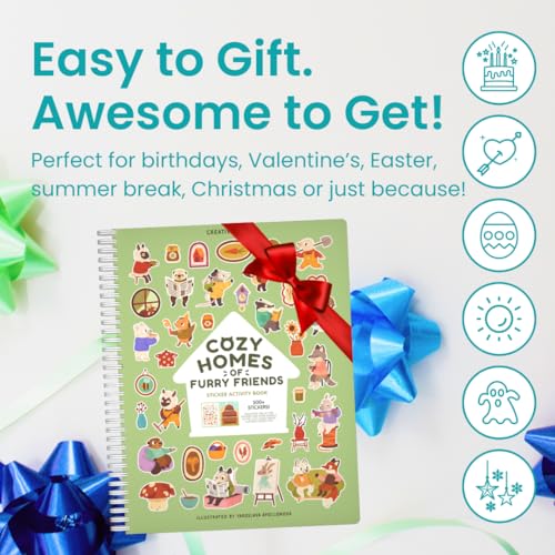 Cozy Homes of Furry Friends 500+ Sticker Book by Cupkin Fun Toddler Calendar Activity Coloring + Sticker Book, Road Trip Essentials, 12 Coloring Pages + Scenes for Ages 2–8 Years - color: Cozy Homes