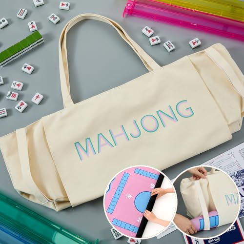 Abbylike 28x9 Inches Mahjong Bag for Rolled Mat Tiles Racks Pushers Accessories Empty Mahjong Tote Bag with Zipper Closure Outer Pockets Lining Large Capacity(Beige,Canvas) - color: Beige