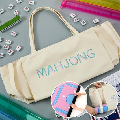 Abbylike 28x9 Inches Mahjong Bag for Rolled Mat Tiles Racks Pushers Accessories Empty Mahjong Tote Bag with Zipper Closure Outer Pockets Lining Large Capacity(Beige,Canvas) - color: Beige