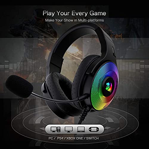 Redragon H350 RGB Wired Gaming Headset, Dynamic RGB Backlight - Stereo Surround-Sound - 50MM Drivers - Detachable Microphone, Over-Ear Headphones Works for PC/PS4/XBOX One/NS - color: Black