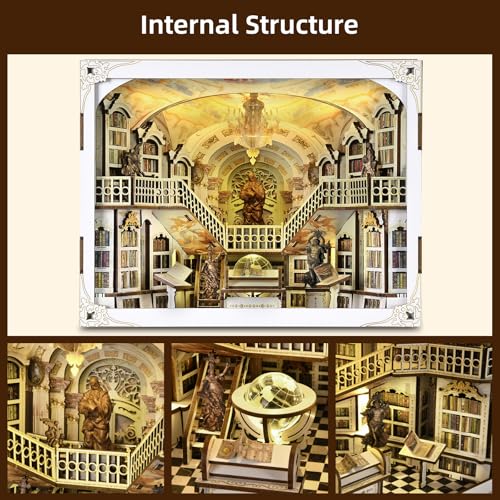 MiniCity Library of Gods Book Nook Kit, DIY Wooden Miniature Scene with LED | Build an abbey library in 6-8 hr; 314-piece kit includes LED, dust cover, glue/tools and guide for shelf display, ages 14+. - style: Library of Gods Max