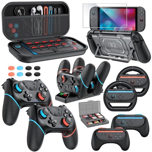 Switch 2 Pro Controller Accessories Bundle for Nintendo Switch 2, 2*Black | 21in1 Wireless Controllers,Carry Case,Controller Charger Dock,Grips for JoyCon,Steering Wheels for Mario Kart,Protective Case - color: 2* Black Controllers