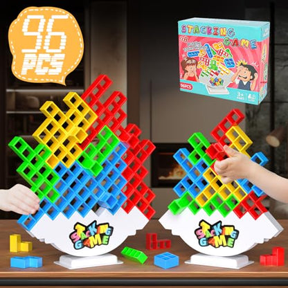 BBnote 96PCS Stack Game for Adult & Kids, Tetra Board Tower Games for Family Travel Party, 4 Players Balance Stacking Toy, Team Toys Building Block - size: 96PCS- 2 Base