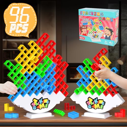 BBnote 96PCS Stack Game for Adult & Kids, Tetra Board Tower Games for Family Travel Party, 4 Players Balance Stacking Toy, Team Toys Building Block - size: 96PCS- 2 Base
