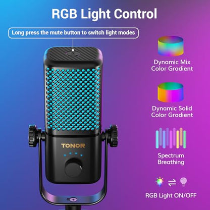 TONOR Gaming Microphone Compatible with Xbox, RGB Condenser Streaming Mic, Low Noise, Gain Control, One Tap Mute, Compatible with Capture Card, 200 cm/78inch Cable, Desktop Stand, Black TCX3 - color: Black, style: Microphone