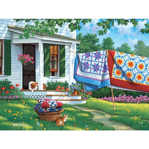 Bits and Pieces - 300 Piece Jigsaw Puzzle for Adults - 18" x 24" - Calico Country - 300 pc Large Piece Quilts Dog and Cat Jigsaw by John Sloane - size: 300 Piece Puzzle