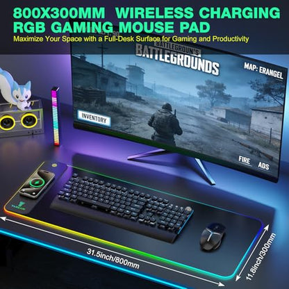 TARKARI RGB Mouse Pad Wireless Charging Desk Mat, LED Gaming Mouse Mat 800x300x4mm, 10 Light Modes, Waterproof, Non-Slip Rubber Base, Keyboard Pad for PC, MacBook Laptop - color: Iron Black