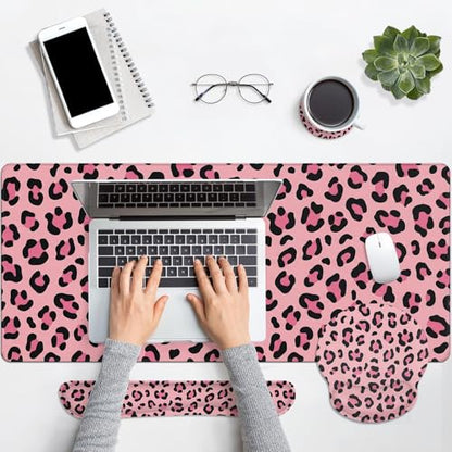 Arttown Keyboard Mouse Pad Set, 4 in 1 Desk Mat Set Leopard Pink | Black Animal Print Large Mousepad+Keyboard Wrist Rest+Mouse Wrist Rest+Coaster Ergonomic Design for Home Office Computer - color: Pink Black Leopard