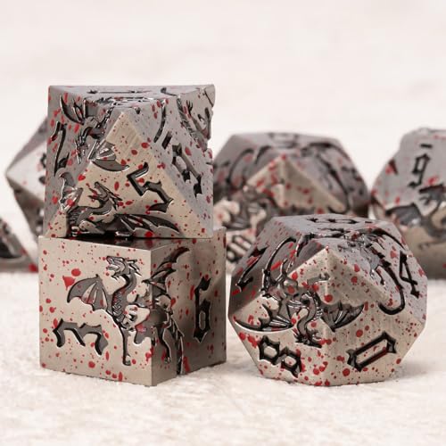 Metallic DND Dragon Dice Set,Metal Sharp Edge Polyhedral Dice with Dragon for Dungeons and Dragons RPG TTRPG D&D 7-Die Set with Gift Case - color: Dragon-ancient Nickel Bloodstain