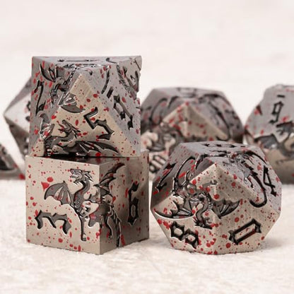Metallic DND Dragon Dice Set,Metal Sharp Edge Polyhedral Dice with Dragon for Dungeons and Dragons RPG TTRPG D&D 7-Die Set with Gift Case - color: Dragon-ancient Nickel Bloodstain