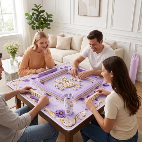 Purple Mahjong Mat for Table & 50PCS Stickers| Carrying Bag, Heavy Floral Mahjong Mats&2 Dices, Noise Reduction Non Slip Foldable, 31.5x31.5 Game Table Cover, for Playing Card, Board Tile Games - color: Purple