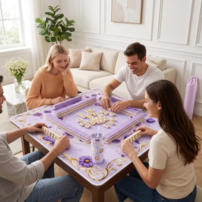 Purple Mahjong Mat for Table & 50PCS Stickers| Carrying Bag, Heavy Floral Mahjong Mats&2 Dices, Noise Reduction Non Slip Foldable, 31.5x31.5 Game Table Cover, for Playing Card, Board Tile Games - color: Purple