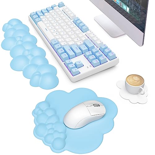 MANBASNAKE Cloud Mouse Pad Wrist Support Keyboard Wrist Rest Set with Ergonomic Memory Foam,Non-Slip Base,Cloud Coasters for Home,Office,Laptop,Desktop Computer,Easy Typing Pain Relief-Blue - color: Blue