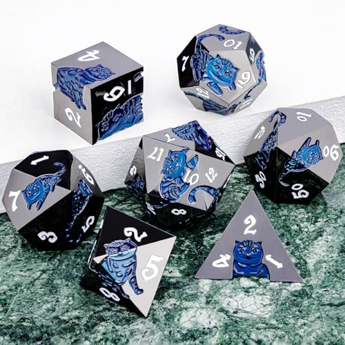 Metal DND Cat Dice 7PCS Polyhedral RPG Dice Set with Gift Case for Dungeons Dragons Role Playing Game, D and D Dice D6 D8 D10 D12 D20 D% (Blue Black) - color: Cat-black Blue