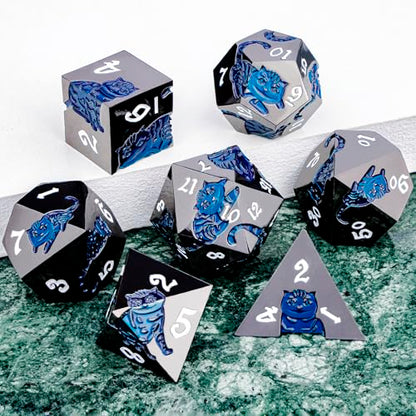 Metal DND Cat Dice 7PCS Polyhedral RPG Dice Set with Gift Case for Dungeons Dragons Role Playing Game, D and D Dice D6 D8 D10 D12 D20 D% (Blue Black) - color: Cat-black Blue
