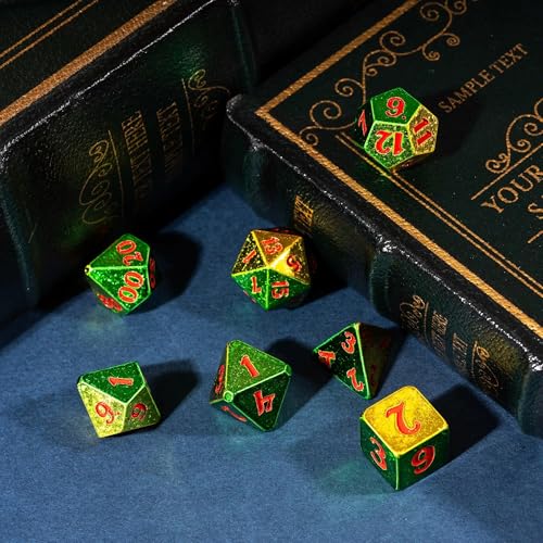 7PCS DND Dice Set Sparkling D&D Polyhedral Dice for Tabletop Games | Leather Storage Bag, DM Gift, for Dungeons and Dragons Role Playing Games - color: Electroplated-green&yellow
