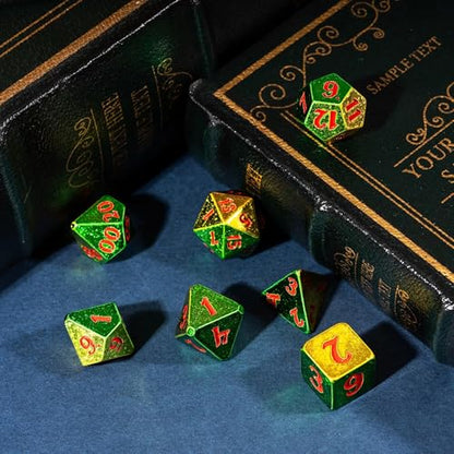 7PCS DND Dice Set Sparkling D&D Polyhedral Dice for Tabletop Games | Leather Storage Bag, DM Gift, for Dungeons and Dragons Role Playing Games - color: Electroplated-green&yellow