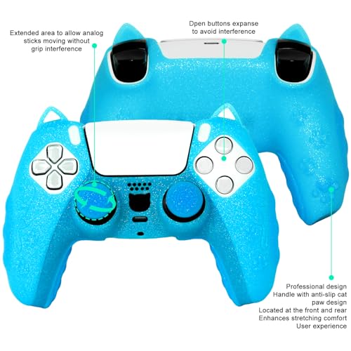 Blue Cat Glitter Anti-Slip Protective Silicone Cover Skin Grips Compatible with PS5/Slim/Pro Controller,8 PCS Glitter Thumb Grips Caps and 2 Paw Grips Caps. (Cat Blue) - color: Cat Blue