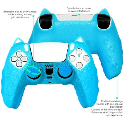 Blue Cat Glitter Anti-Slip Protective Silicone Cover Skin Grips Compatible with PS5/Slim/Pro Controller,8 PCS Glitter Thumb Grips Caps and 2 Paw Grips Caps. (Cat Blue) - color: Cat Blue