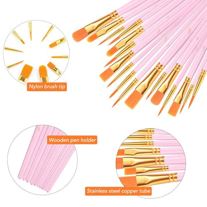 Acrylic Paint Brush Set, 20 Packs/200 pcs Nylon Hair Brushes | Oil and Watercolor, Perfect Suit of Art Painting, Best Present for Painting Pink - size: 200pcs-pink