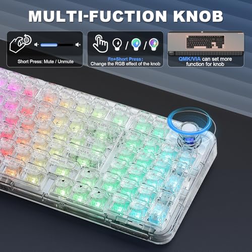 YUNZII X98 Clear Wireless Mechanical Keyboard with Knob (White,Snow Switch) | BT5.0/USB-C/2.4GHz,1800 Layout with Number Pad,Pre-lubed Switches Gasket Mount ,Clear Keyboard with RGB for Wins/Mac/Gaming - color: White, size: Snow Switch