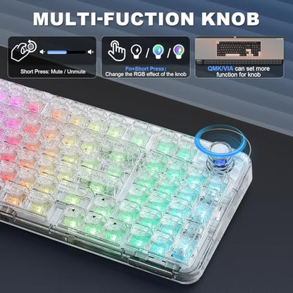 YUNZII X98 Clear Wireless Mechanical Keyboard with Knob (White,Snow Switch) | BT5.0/USB-C/2.4GHz,1800 Layout with Number Pad,Pre-lubed Switches Gasket Mount ,Clear Keyboard with RGB for Wins/Mac/Gaming - color: White, size: Snow Switch