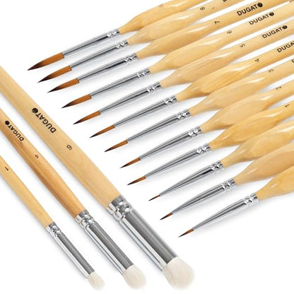 DUGATO Miniature & Dry Brush Set, Model Brushes for Warhammer 40k, 15-Piece | Fine Detail Premium Nylon Bristle & Goat Hair Brushes for 40k, DnD, Citadel & Figurine, Feathering for Acrylic Oil Gouache - color: 15pcs Dry & Miniature Brush - Natural Brown