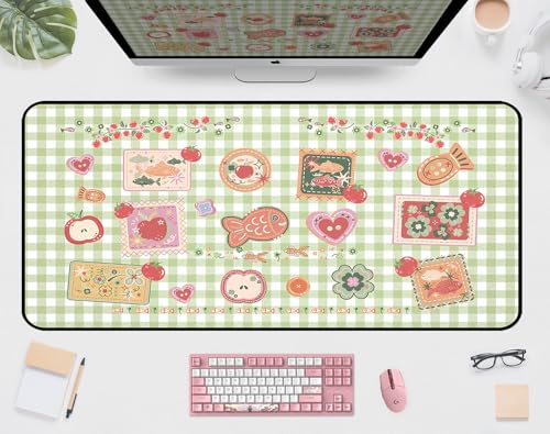 Mouse Pad Cute, Green White Checkered Desk Pad, Retro Gaming Desk Mats, Large Mousepad Laptop Keyboard Mouse Mat, Funny Food Girls Office Desktop Decor Accessories, for Women 31.5"X15.7" - color: Green Grid