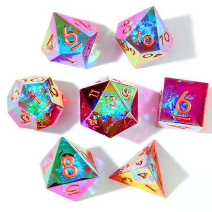 Laser DND Rainbow Dice Set Dungeons and Dragons Dice with Iridescent Iconic Coating, Polyhedral Dice with Resin Sharp Edge for RPG, MTG Table Games （red Sunset） - color: Rainbow-red Sunset