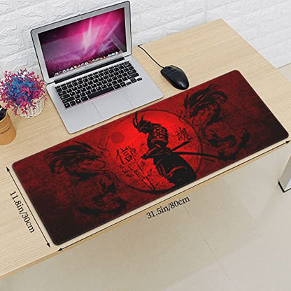 Japanese Samurai Mouse Pad XL Extended Desk Mat, Computer Mousepad | Cool Anime Red And Black Dragon Non Slip Rubber, Base Stitched Edge, Gaming Pc Large Mice Pad 31.5 x 11.8 Inch - color: Black5