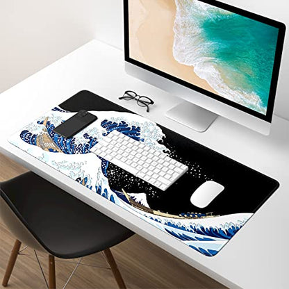 Extended Gaming Mouse Pad, XXL Large Desk Pad 30 x 14 Inch, Big Computer Keyboard Mousepad, Waterproof Mouse Mat with Stitched Edges and Non-Slip Base for Women Office Gaming, Sea Waves - color: Sea Waves