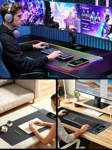 Wireless Charging Mouse Pad Gaming, 31.5"x15.8" Large Desk Mat, Waterproof | RGB Mousepad, Smooth Glide, Stitched Edge, Non-Slip Rubber Base, Desk Pad Computer Keyboard Mat, No Adapter - color: RGB-31.5"x15.8"-Right