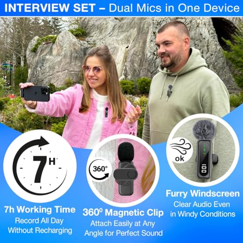 Wireless Lavalier Microphone for iPhone Mini Mic Android/Tablet/PC Video Recording Clip-on Mics with Rotatable Clip&Denoise Recording, Ideal for Vlog Tiktok Youtube Podcast Content Creator