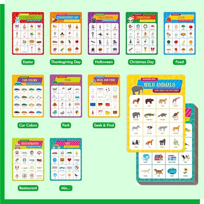 Road Trip Bingo Game, 30 Double-Sided Game Boards (Animal, Holiday, Building, Vehicle Themes ), Dry-Erase Scavenger Hunt Bingo Games for Road Trip, Car Travel, Outdoor Activities for Kid, Adult