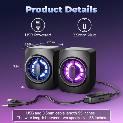 OFFSIR Computer Speakers,RGB PC Speakers, USB Powered 3.5mm Aux Speaker for Desktop, PC, Laptop, Tablet - Small Computer Speakers | Clear Sound & 7-Color Dynamic Lighting