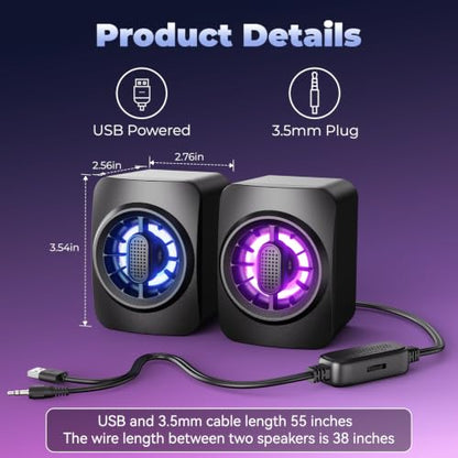 OFFSIR Computer Speakers,RGB PC Speakers, USB Powered 3.5mm Aux Speaker for Desktop, PC, Laptop, Tablet - Small Computer Speakers | Clear Sound & 7-Color Dynamic Lighting