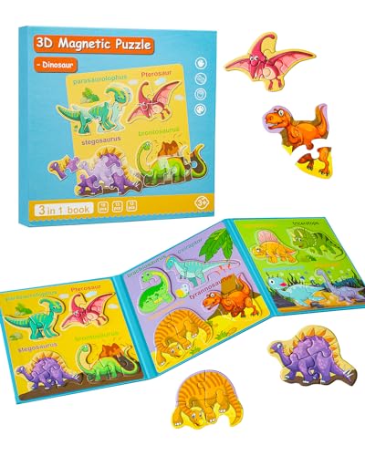 Magnetic Puzzles for Toddlers 2-4, Travel Puzzles Games for Kids Ages 1-3, Dinosaur Activities Toy Wooden Jigsaw Puzzles Book for Boys & Girls 1 2 3 4 5, Learning Magnet Gift for Road Trip (Dinosaur) - style: Dinosaur