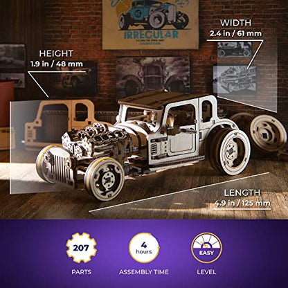 UGEARS 3D Car Model Puzzle - Hot Rod Furious Mouse with Innovative Dual Engines - 3D Wooden Puzzles for Adults and All Family- Realistic Scaling Hot Rod Model Car Kits to Build - 3D Puzzle Model Kits - style: Hot Rod Furious Mouse