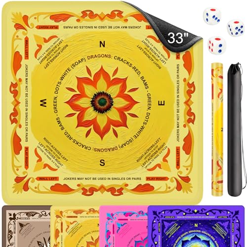 Neoprene Mahjong Mat with Rules, 33 x 33 in, Non-Slip, Yellow | Noise-reducing table mat with carrying bag and 3 dice; for poker, cards, board games, tile games and dominoes - color: 33" Yellow, size: 33"