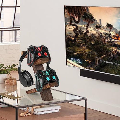 Wooden Game Controller Holder Headset Stand 2-Tier Universal Controller Gaming PC Accessories Storage Rack Headphone Stand for Xbox Series PS5 PS4