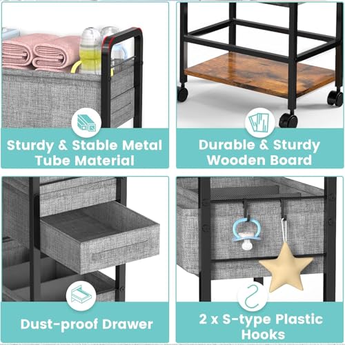 LIDTOP 2In1 Baby Diaper Caddy & 4-Tier Rolling Diaper Cart, Diaper Caddy Organizer Cart with Dividers & Drawer, Mobile Metal Bedside Cart for Nursery Essentials Storage, Large Capacity - color: Black(with Drawer)