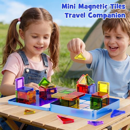 Mini Magnetic Tiles Travel Kit: 60Pcs Airplane Activities & Road Trip Toys | Visual Storage Box & Metal Play Base - Portable STEM Sensory Building Blocks for Toddlers & Kids Ages 3-8 - style: Mini Magnetic Tiles Travel Construction Set - 60PCS