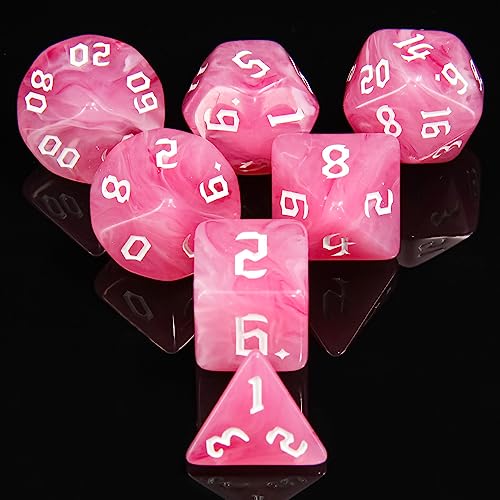 7PCS Polyhedral DND Dice, D&D Dice Set Filled with Pink and White Swirls for Role Playing Dice Games as DND RPG MTG Table Games - color: Pink and White