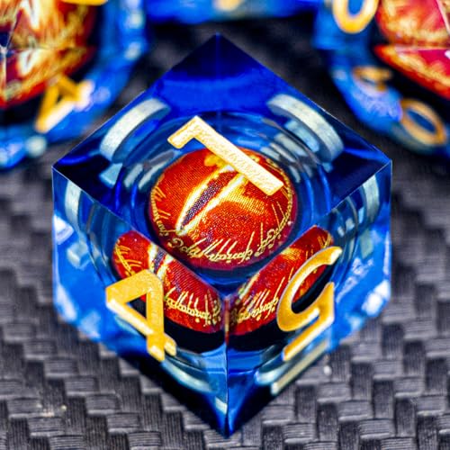 ARUOHHA DND Resin Dice Gazes Eye Dice Golden Blue Liquid Core Flaming RPG Sharp Edged Dice Set with Gift Box, Polyhedral D and D Dice Set Compatible with Dungeons Dragons Role Playing Game D20 D6 - color: Sl01-blue Gold
